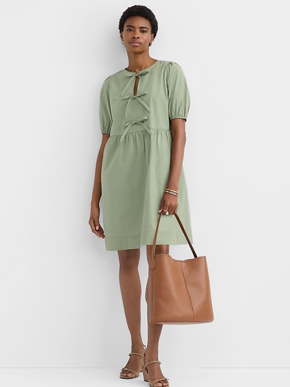 Loft Poplin Puff Sleeve Bow Cotton Mini Dress Sage Green Size XS